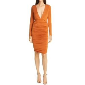 Le Superbe La Lady Deep V Neck Ruched Saffron Orange Midi Dress S